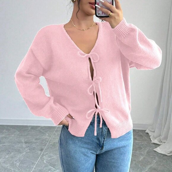 Pink Casual Women's Knit Long Sleeve Cardigan - Picture 5 of 6